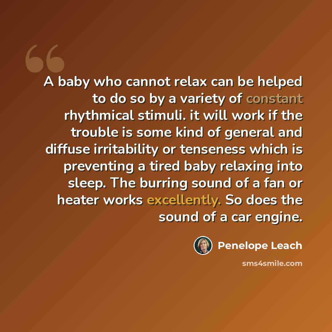 “A baby who cannot relax can be helped to do so by a variety of constant rhythmical stimuli. it will work if the trouble is some kind of general and diffuse irritability or tenseness which is preventing a tired baby relaxing into sleep. The burring sound of a fan or heater works excellently. So…” quote by Penelope Leach