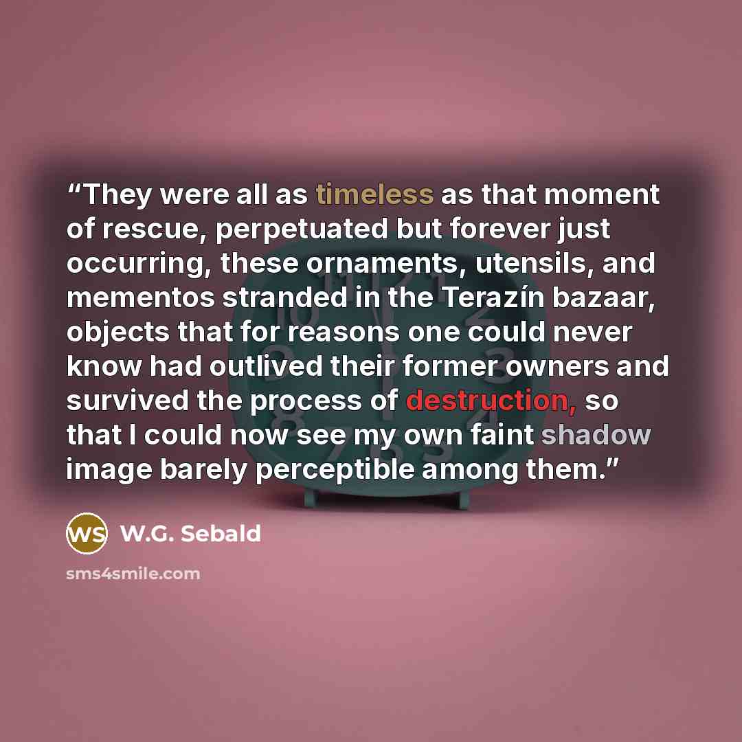“They were all as timeless as that moment of rescue, perpetuated but forever just occurring, these ornaments, utensils, and mementos stranded in the Terazín bazaar, objects that for reasons one could never know had outlived their former owners and survived the process of destruction, so that I…” quote by W.G. Sebald