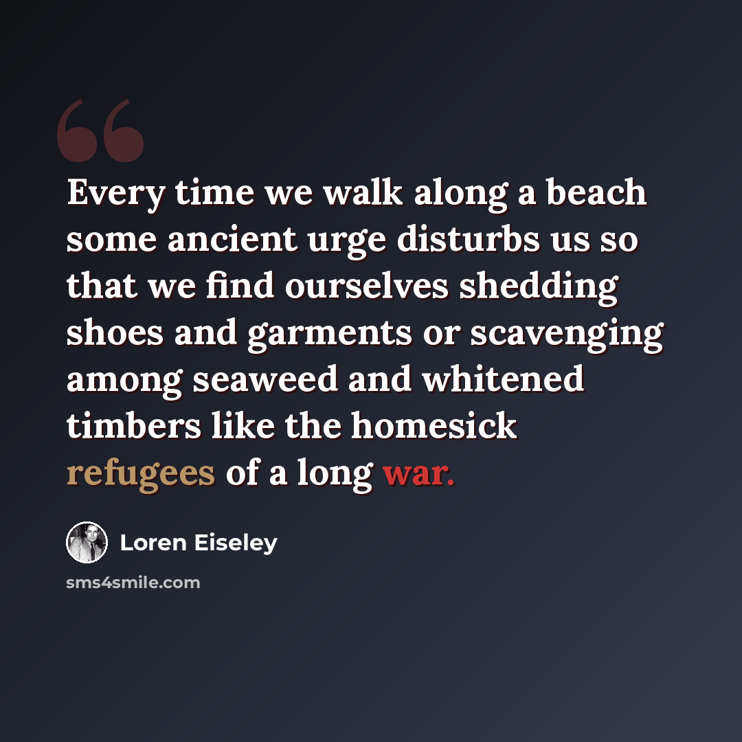 “Every time we walk along a beach some ancient urge disturbs us so that we find ourselves shedding shoes and garments or scavenging among seaweed and whitened timbers like the homesick refugees of a long war.” quote by Loren Eiseley