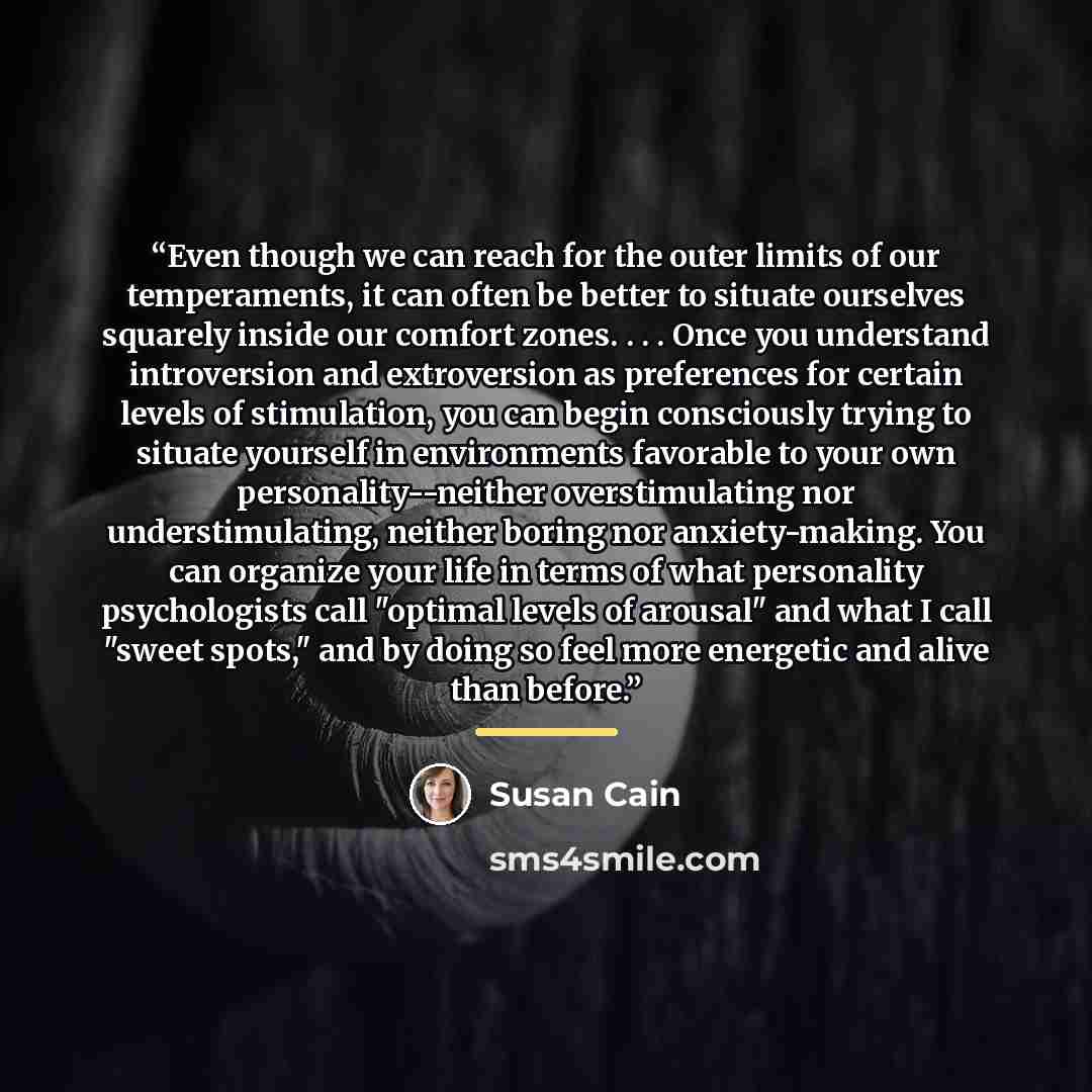 “Even though we can reach for the outer limits of our temperaments, it can often be better to situate ourselves squarely inside our comfort zones. . . . Once you understand introversion and extroversion as preferences for certain levels of stimulation, you can begin consciously trying to situate…” quote by Susan Cain