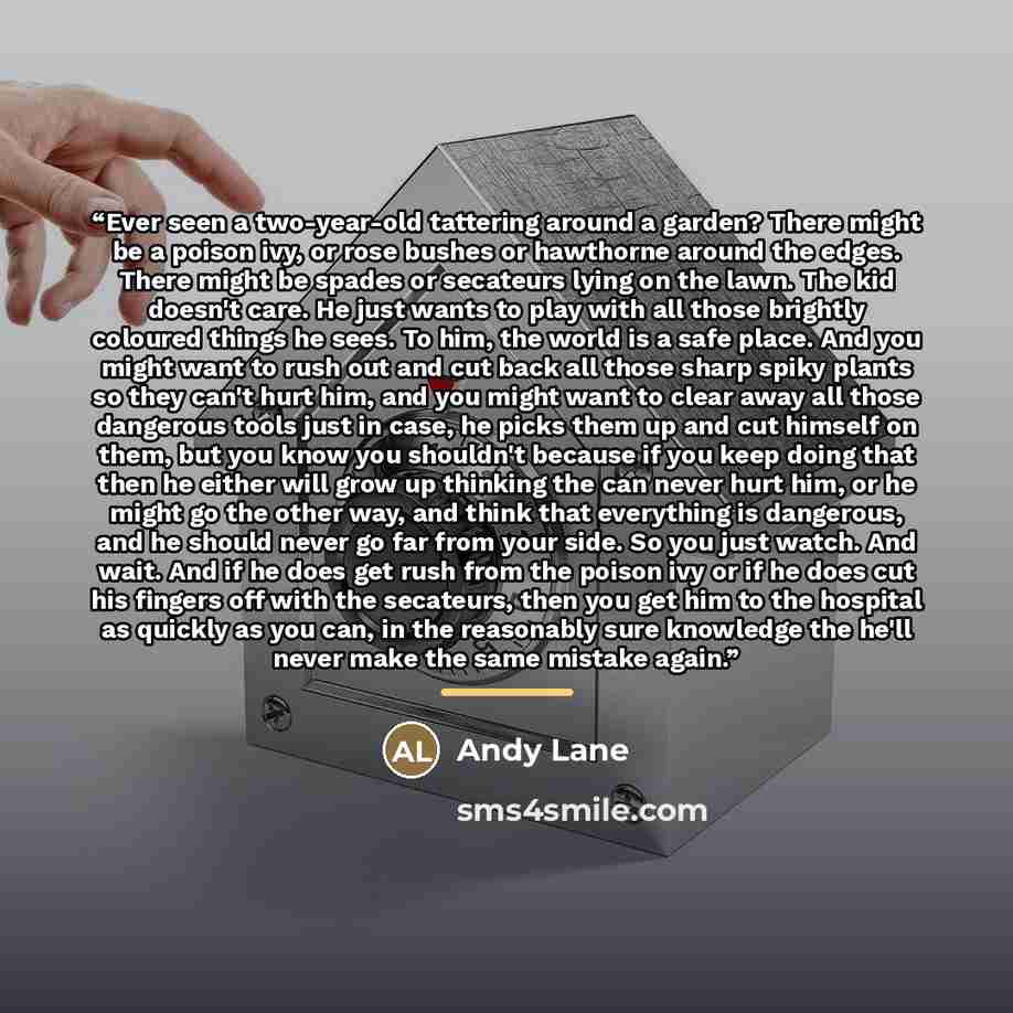 “Ever seen a two-year-old tattering around a garden? There might be a poison ivy, or rose bushes or hawthorne around the edges. There might be spades or secateurs lying on the lawn. The kid doesn't care. He just wants to play with all those brightly coloured things he sees. To him, the world is a…” quote by Andy Lane