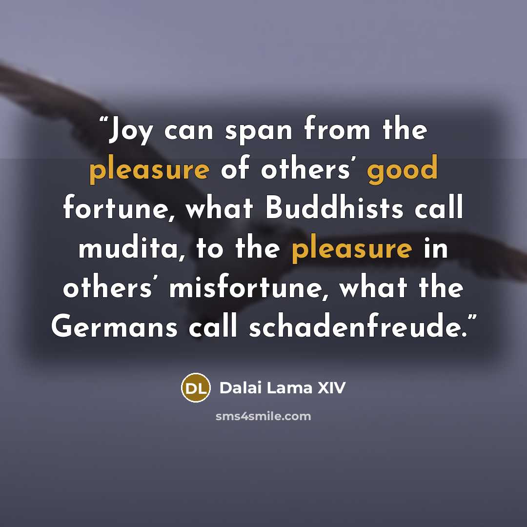“Joy can span from the pleasure of others’ good fortune, what Buddhists call mudita, to the pleasure in others’ misfortune, what the Germans call schadenfreude.” quote by Dalai Lama XIV
