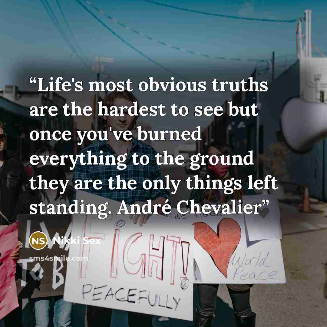 “Life's most obvious truths are the hardest to see but once you've burned everything to the ground they are the only things left standing. André Chevalier” quote by Nikki Sex