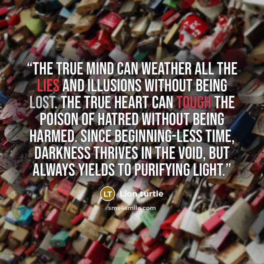 “The true mind can weather all the lies and illusions without being lost. The true heart can tough the poison of hatred without being harmed. Since beginning-less time, darkness thrives in the void, but always yields to purifying light.” quote by Lion turtle