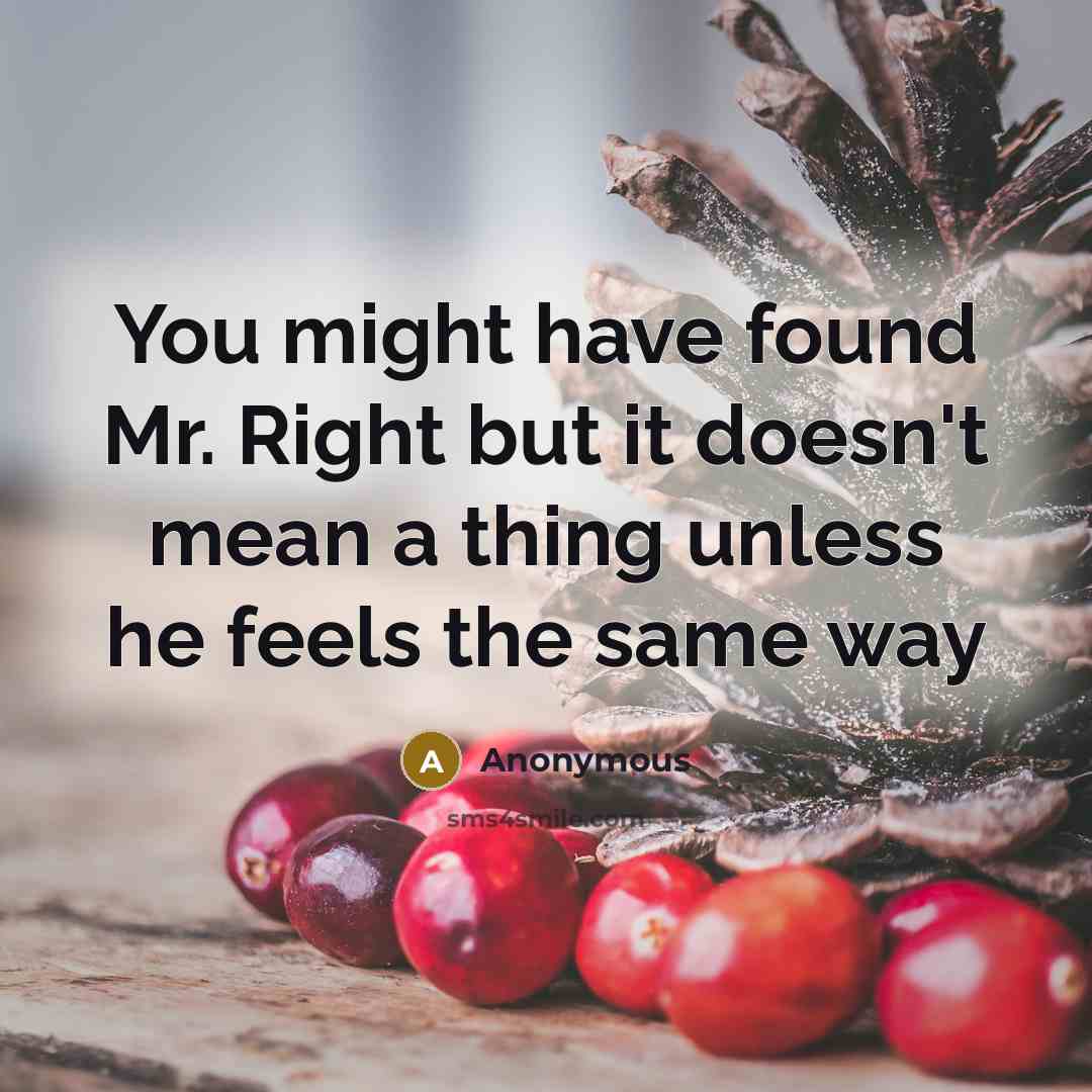 “You might have found Mr. Right but it doesn't mean a thing unless he feels the same way” quote by Anonymous
