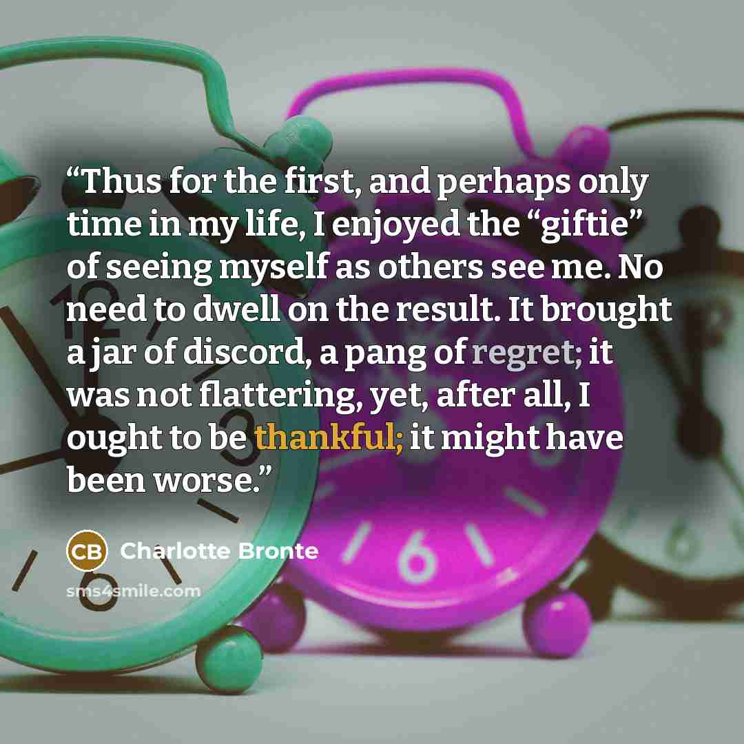 “Thus for the first, and perhaps only time in my life, I enjoyed the “giftie” of seeing myself as others see me. No need to dwell on the result. It brought a jar of discord, a pang of regret; it was not flattering, yet, after all, I ought to be thankful; it might have been worse.” quote by Charlotte Brontë