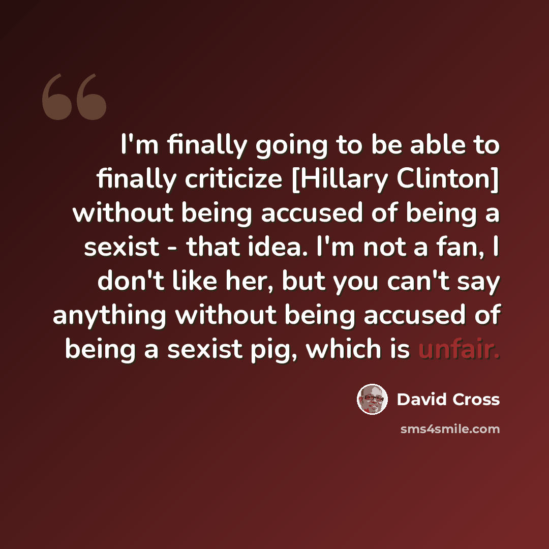 “I'm finally going to be able to finally criticize [Hillary Clinton] without being accused of being a sexist - that idea. I'm not a fan, I don't like her, but you can't say anything without being accused of being a sexist pig, which is unfair.” quote by David Cross
