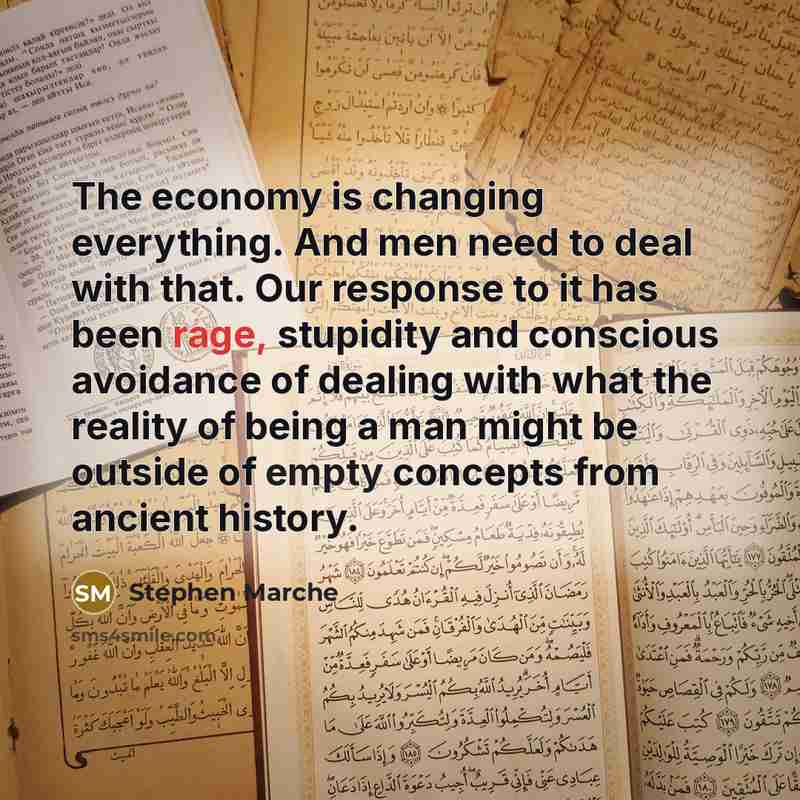 “The economy is changing everything. And men need to deal with that. Our response to it has been rage, stupidity and conscious avoidance of dealing with what the reality of being a man might be outside of empty concepts from ancient history.” quote by Stephen Marche