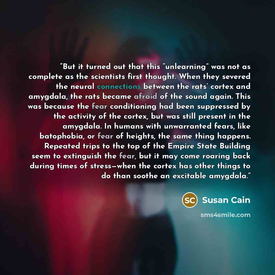 “But it turned out that this “unlearning” was not as complete as the scientists first thought. When they severed the neural connections between the rats’ cortex and amygdala, the rats became afraid of the sound again. This was because the fear conditioning had been suppressed by the activity of the…” quote by Susan Cain