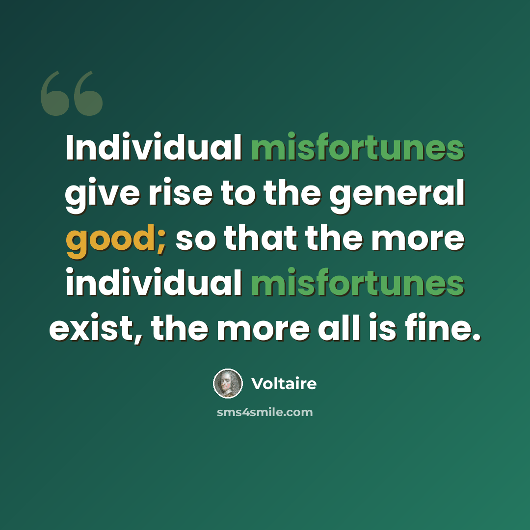“Individual misfortunes give rise to the general good; so that the more individual misfortunes exist, the more all is fine.” quote by Voltaire