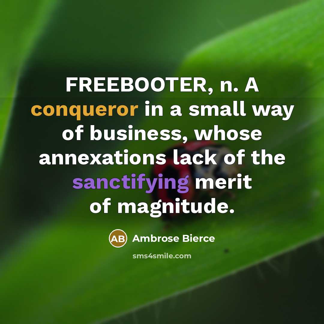 “FREEBOOTER, n. A conqueror in a small way of business, whose annexations lack of the sanctifying merit of magnitude.” quote by Ambrose Bierce