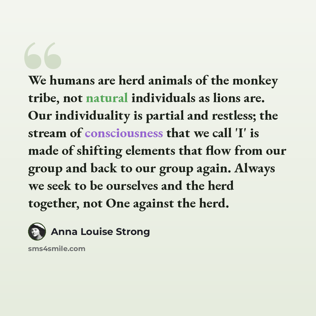 “We humans are herd animals of the monkey tribe, not natural individuals as lions are. Our individuality is partial and restless; the stream of consciousness that we call 'I' is made of shifting elements that flow from our group and back to our group again. Always we seek to be ourselves and the…” quote by Anna Louise Strong