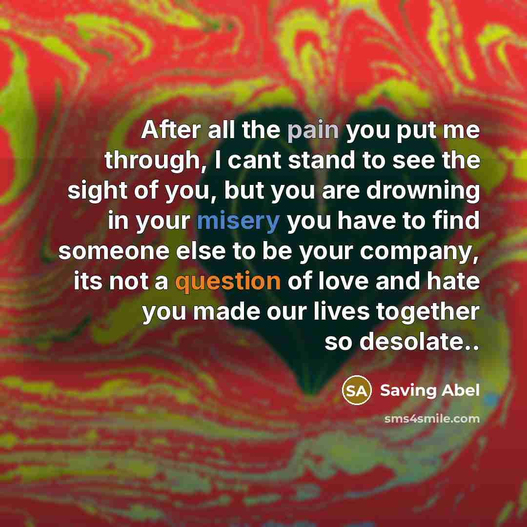 “After all the pain you put me through, I cant stand to see the sight of you, but you are drowning in your misery you have to find someone else to be your company, its not a question of love and hate you made our lives together so desolate..” quote by Saving Abel