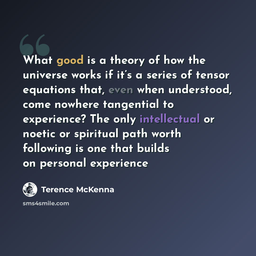 “What good is a theory of how the universe works if it’s a series of tensor equations that, even when understood, come nowhere tangential to experience? The only intellectual or noetic or spiritual path worth following is one that builds on personal experience” quote by Terence McKenna