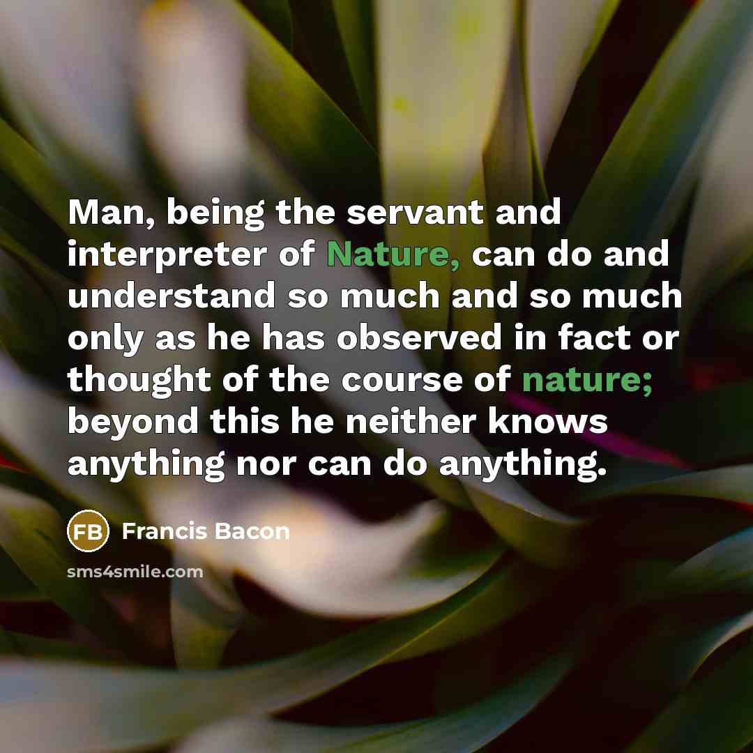 “Man, being the servant and interpreter of Nature, can do and understand so much and so much only as he has observed in fact or thought of the course of nature; beyond this he neither knows anything nor can do anything.” quote by Francis Bacon