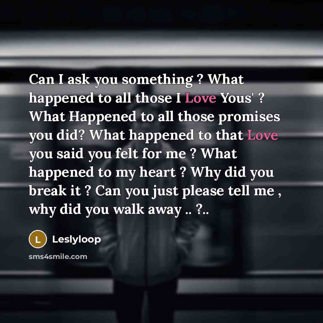 “Can I ask you something ? What happened to all those I Love Yous' ? What Happened to all those promises you did? What happened to that Love you said you felt for me ? What happened to my heart ? Why did you break it ? Can you just please tell me , why did you walk away .. ?..” quote by Leslyloop