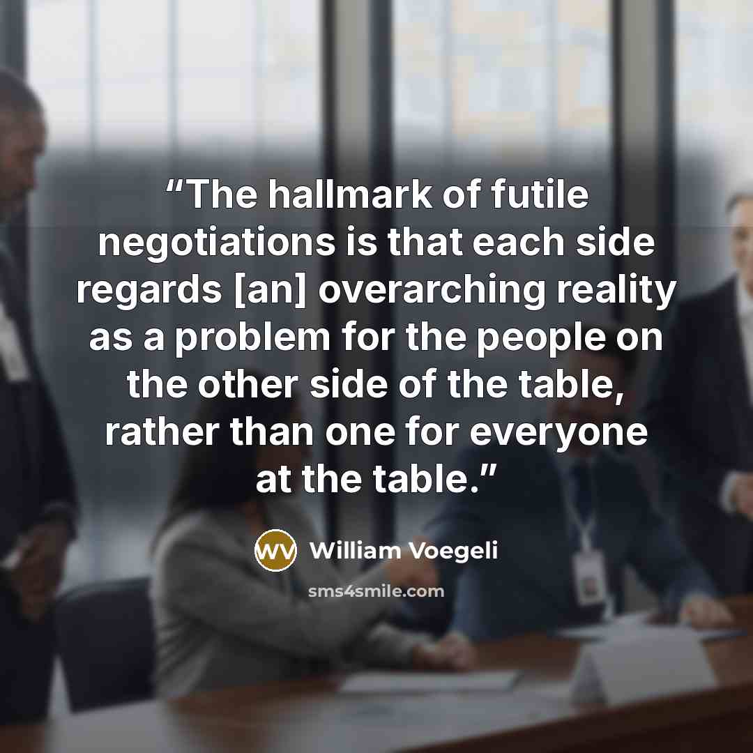 “The hallmark of futile negotiations is that each side regards [an] overarching reality as a problem for the people on the other side of the table, rather than one for everyone at the table.” quote by William Voegeli