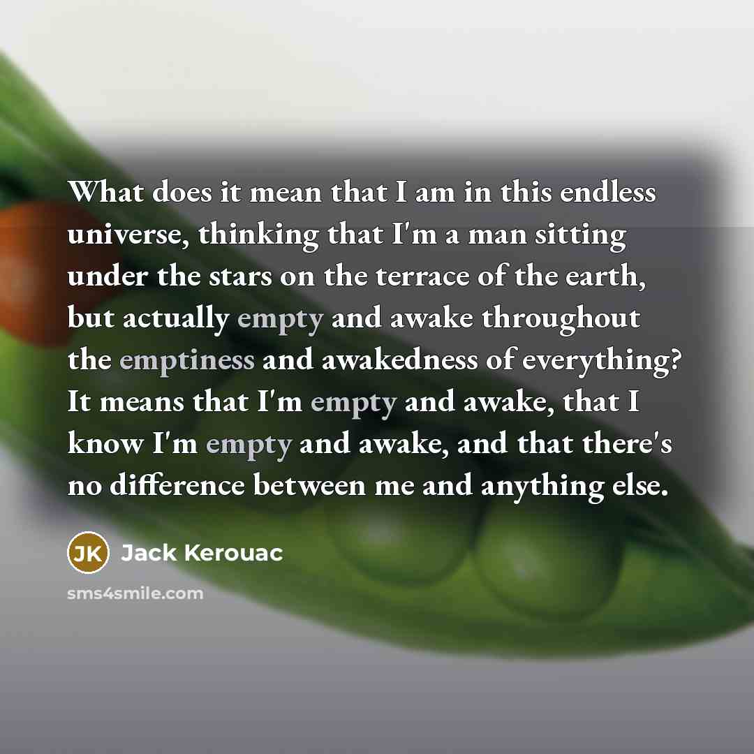 “What does it mean that I am in this endless universe, thinking that I'm a man sitting under the stars on the terrace of the earth, but actually empty and awake throughout the emptiness and awakedness of everything? It means that I'm empty and awake, that I know I'm empty and awake, and that…” quote by Jack Kerouac