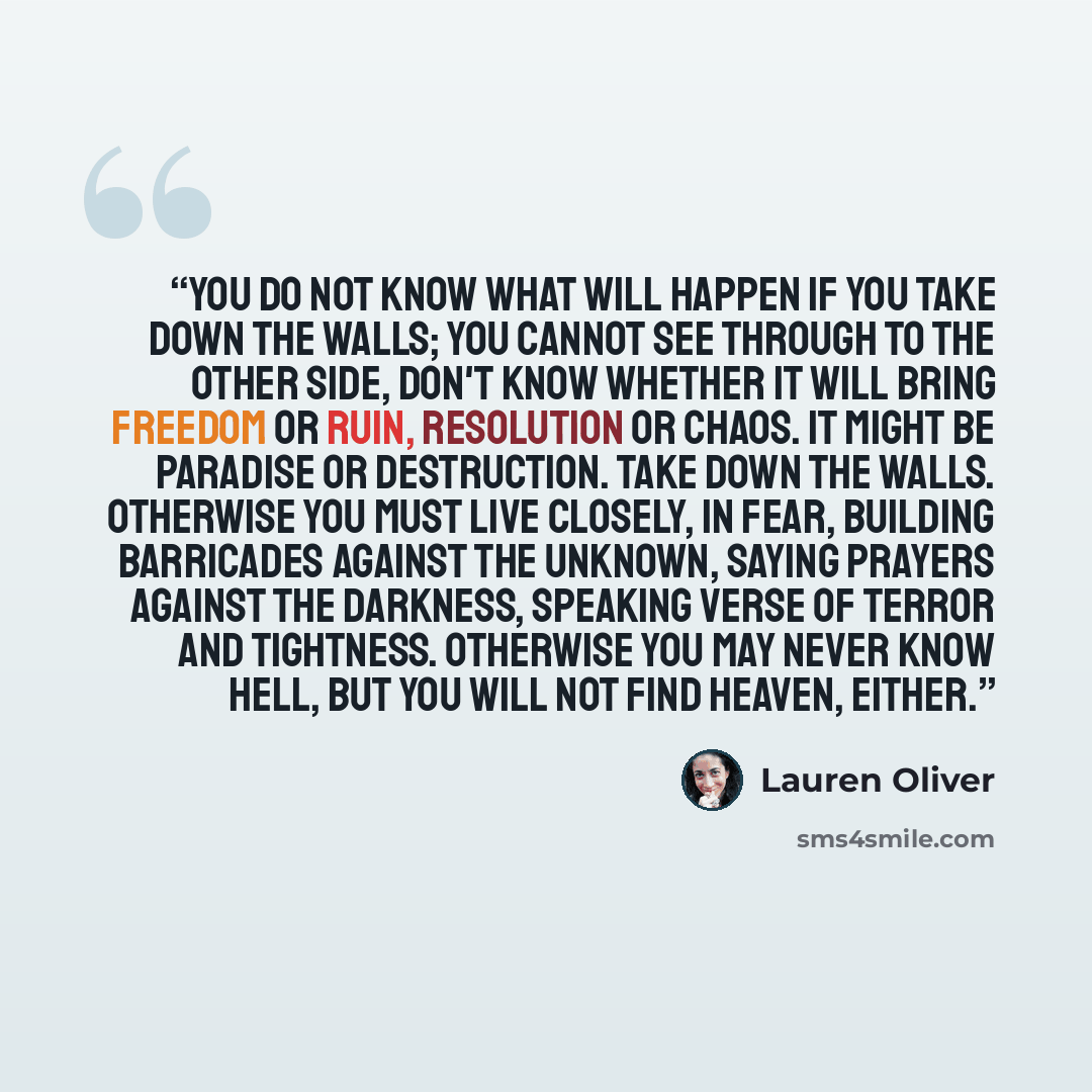 “You do not know what will happen if you take down the walls; you cannot see through to the other side, don't know whether it will bring freedom or ruin, resolution or chaos. It might be paradise or destruction. Take down the walls. Otherwise you must live closely, in fear, building barricades…” quote by Lauren Oliver