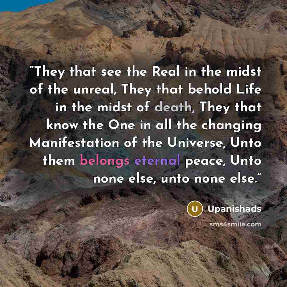 “They that see the Real in the midst of the unreal, They that behold Life in the midst of death, They that know the One in all the changing Manifestation of the Universe, Unto them belongs eternal peace, Unto none else, unto none else.” quote by Upanishads