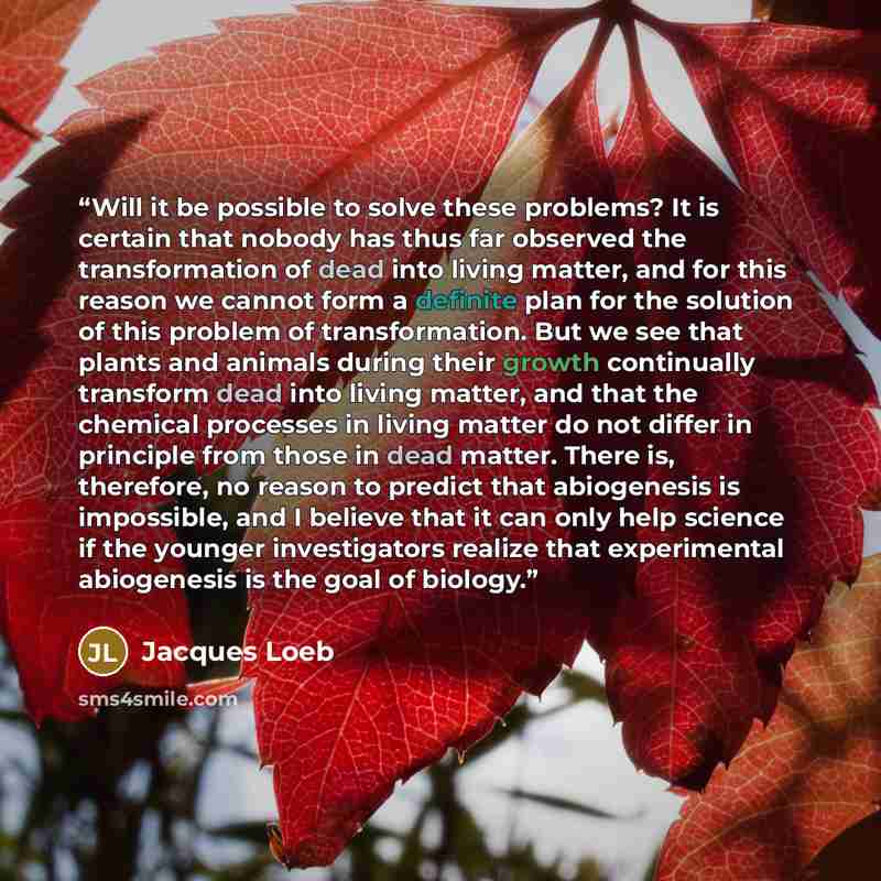 “Will it be possible to solve these problems? It is certain that nobody has thus far observed the transformation of dead into living matter, and for this reason we cannot form a definite plan for the solution of this problem of transformation. But we see that plants and animals during their growth…” quote by Jacques Loeb