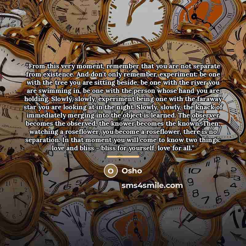 “From this very moment, remember that you are not separate from existence. And don’t only remember, experiment: be one with the tree you are sitting beside, be one with the river you are swimming in, be one with the person whose hand you are holding. Slowly, slowly, experiment being one with the…” quote by Osho