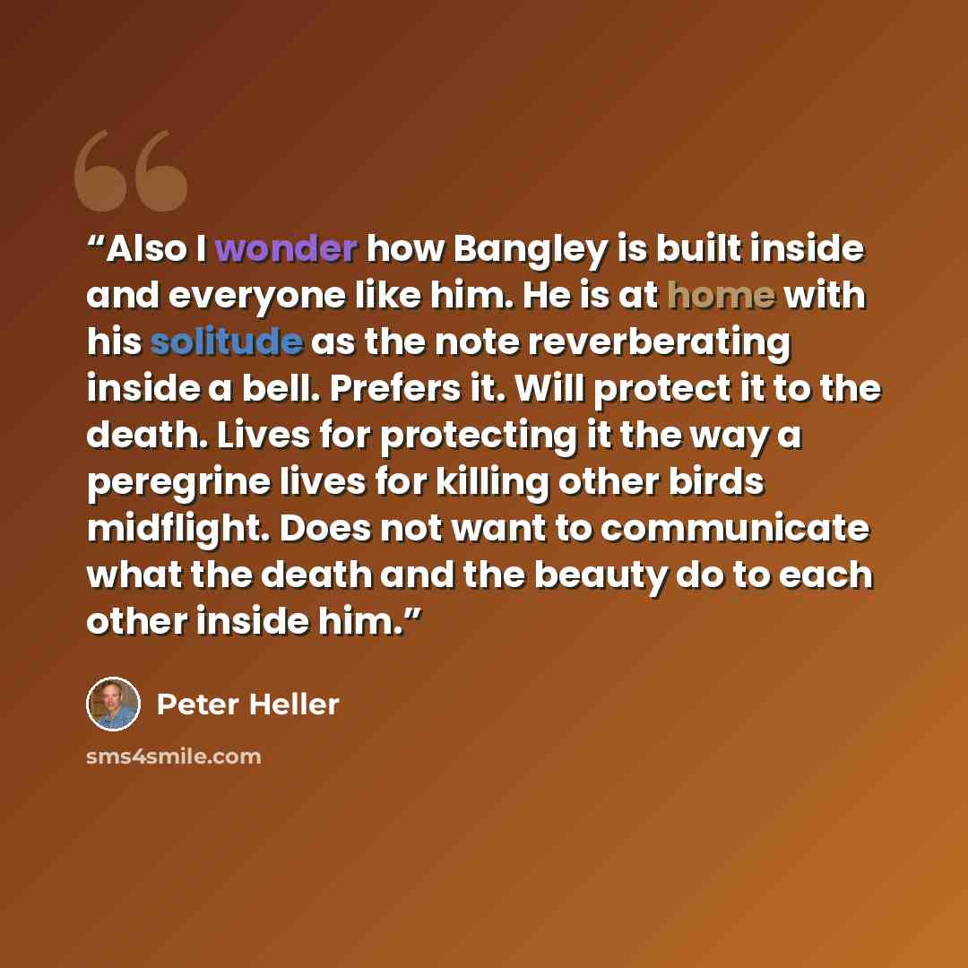 “Also I wonder how Bangley is built inside and everyone like him. He is at home with his solitude as the note reverberating inside a bell. Prefers it. Will protect it to the death. Lives for protecting it the way a peregrine lives for killing other birds midflight. Does not want to communicate what…” quote by Peter Heller