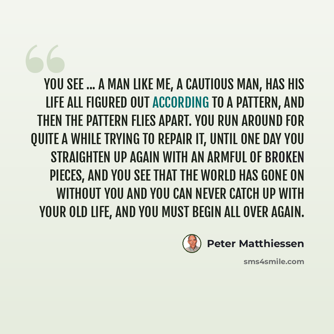 “You see ... a man like me, a cautious man, has his life all figured out according to a pattern, and then the pattern flies apart. You run around for quite a while trying to repair it, until one day you straighten up again with an armful of broken pieces, and you see that the world has gone on…” quote by Peter Matthiessen