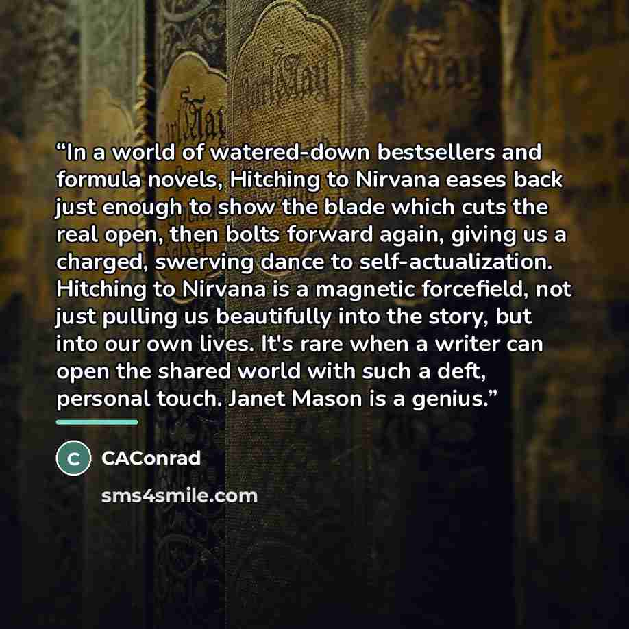 “In a world of watered-down bestsellers and formula novels, Hitching to Nirvana eases back just enough to show the blade which cuts the real open, then bolts forward again, giving us a charged, swerving dance to self-actualization. Hitching to Nirvana is a magnetic forcefield, not just pulling us…” quote by CAConrad