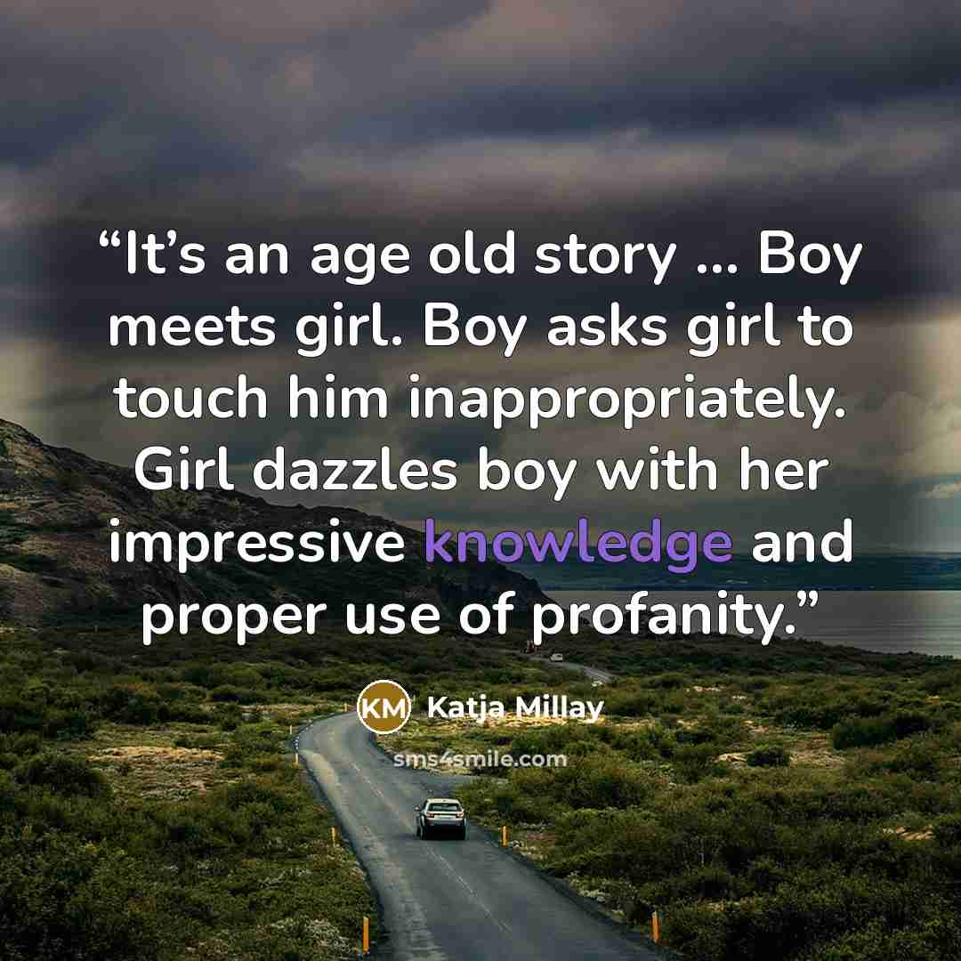 “It’s an age old story … Boy meets girl. Boy asks girl to touch him inappropriately. Girl dazzles boy with her impressive knowledge and proper use of profanity.” quote by Katja Millay