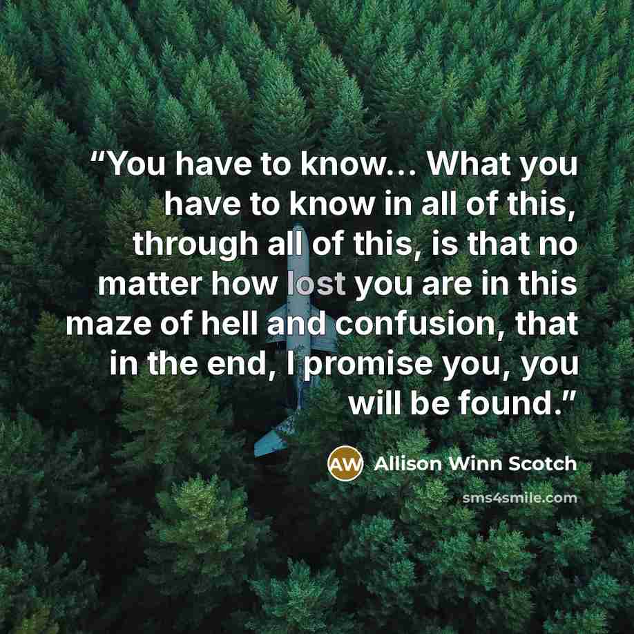 “You have to know... What you have to know in all of this, through all of this, is that no matter how lost you are in this maze of hell and confusion, that in the end, I promise you, you will be found.” quote by Allison Winn Scotch