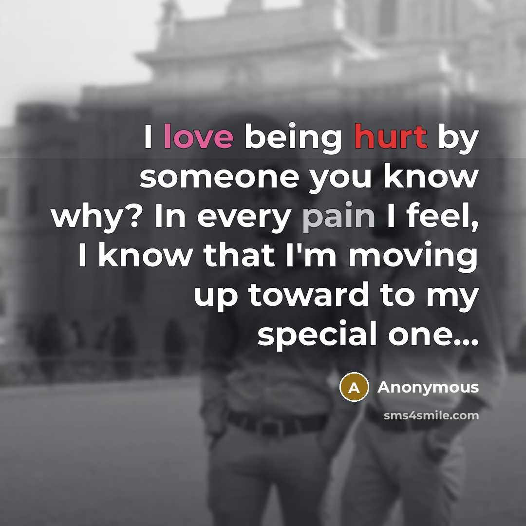 “I love being hurt by someone you know why? In every pain I feel, I know that I'm moving up toward to my special one...” quote by Anonymous