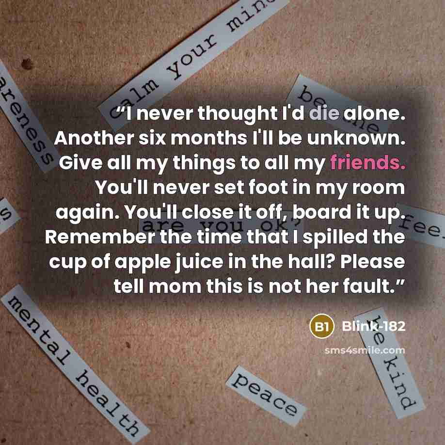 “I never thought I'd die alone. Another six months I'll be unknown. Give all my things to all my friends. You'll never set foot in my room again. You'll close it off, board it up. Remember the time that I spilled the cup of apple juice in the hall? Please tell mom this is not her fault.” quote by Blink-182