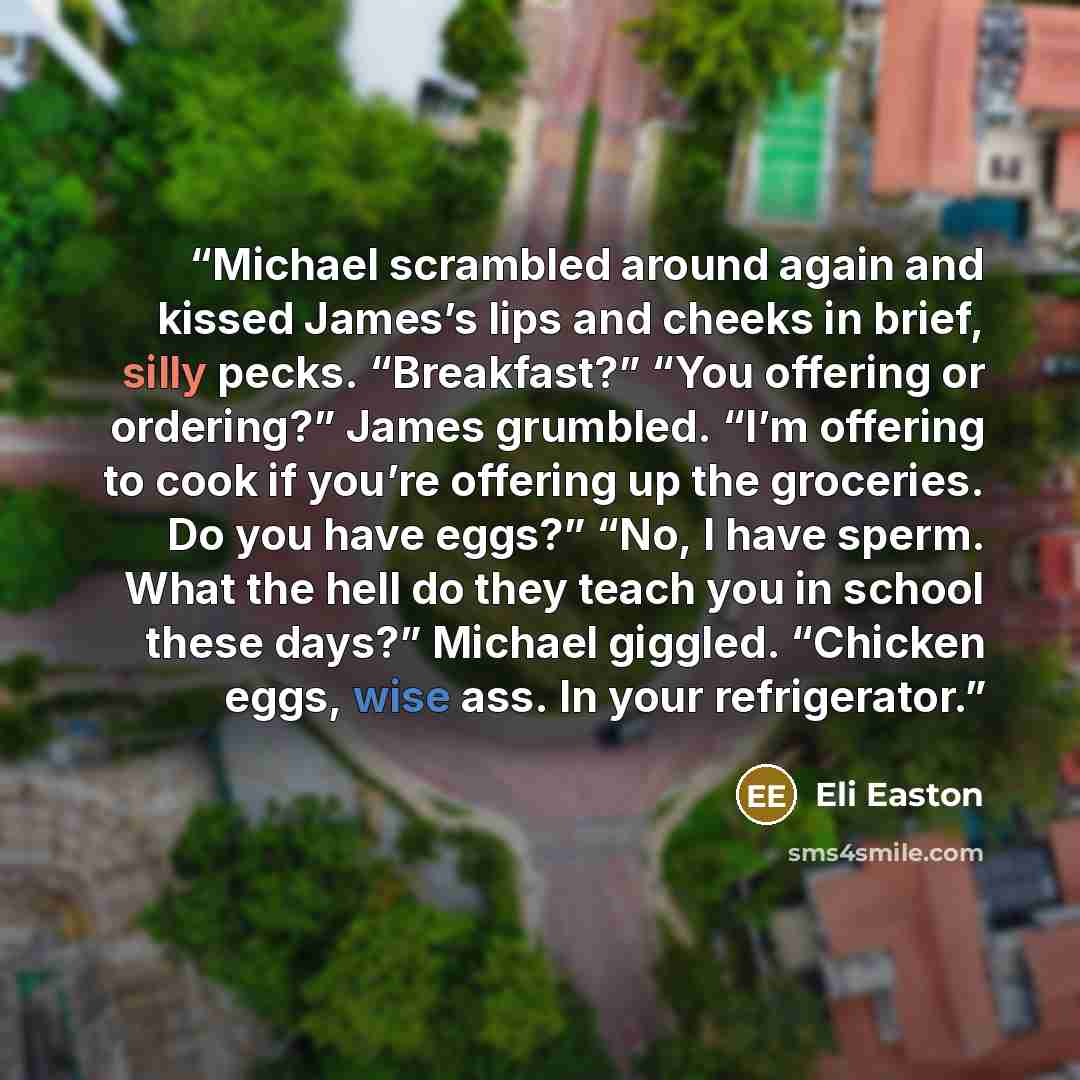 “Michael scrambled around again and kissed James’s lips and cheeks in brief, silly pecks. “Breakfast?” “You offering or ordering?” James grumbled. “I’m offering to cook if you’re offering up the groceries. Do you have eggs?” “No, I have sperm. What the hell do they teach you in school these days?”…” quote by Eli Easton
