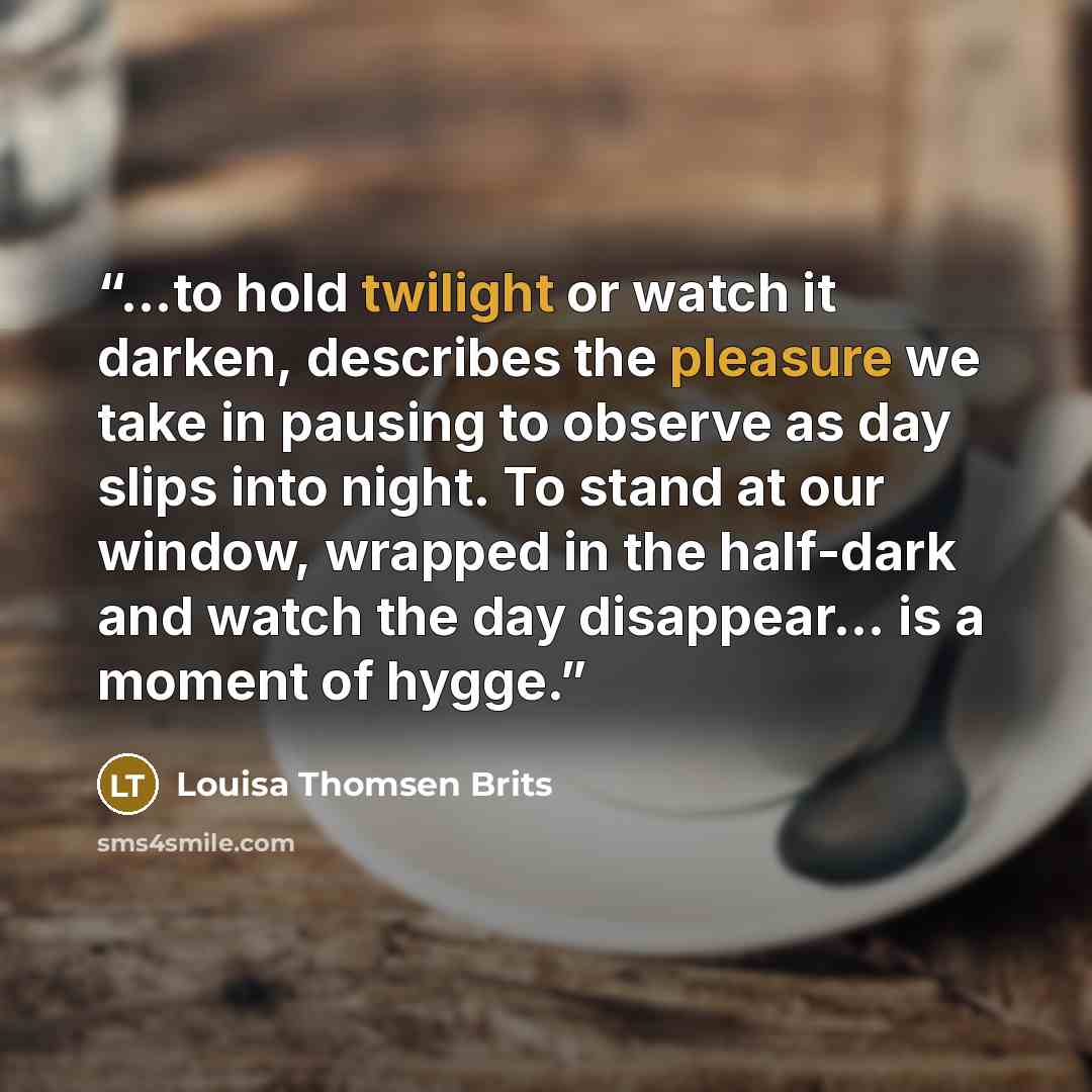“...to hold twilight or watch it darken, describes the pleasure we take in pausing to observe as day slips into night. To stand at our window, wrapped in the half-dark and watch the day disappear... is a moment of hygge.” quote by Louisa Thomsen Brits