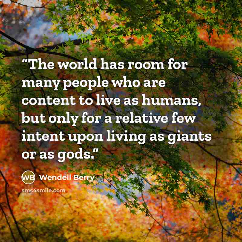“The world has room for many people who are content to live as humans, but only for a relative few intent upon living as giants or as gods.” quote by Wendell Berry