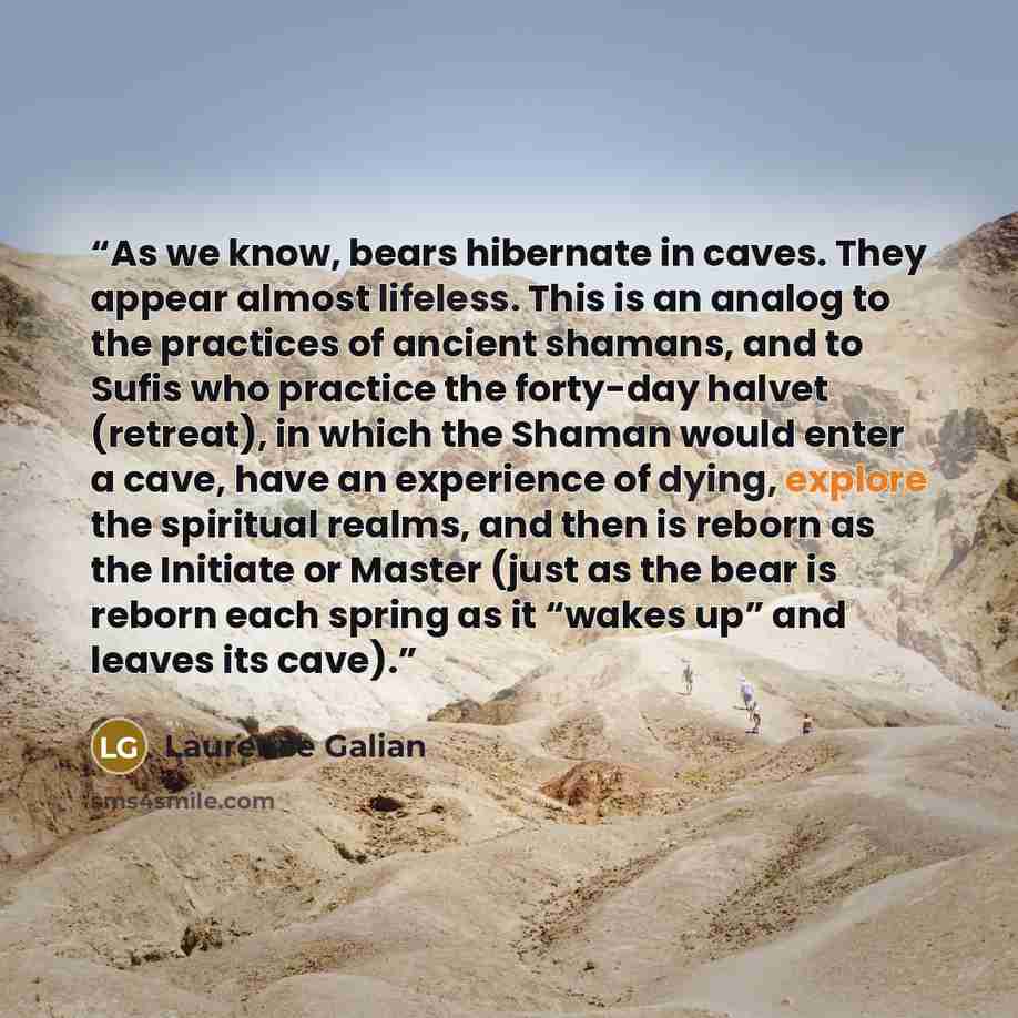 “As we know, bears hibernate in caves. They appear almost lifeless. This is an analog to the practices of ancient shamans, and to Sufis who practice the forty-day halvet (retreat), in which the Shaman would enter a cave, have an experience of dying, explore the spiritual realms, and then is reborn…” quote by Laurence Galian