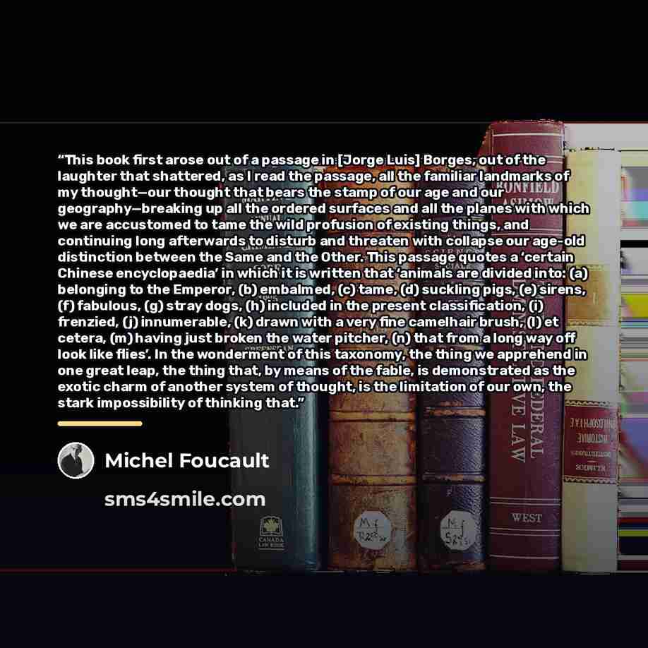 “This book first arose out of a passage in [Jorge Luis] Borges, out of the laughter that shattered, as I read the passage, all the familiar landmarks of my thought—our thought that bears the stamp of our age and our geography—breaking up all the ordered surfaces and all the planes with which we are…” quote by Michel Foucault