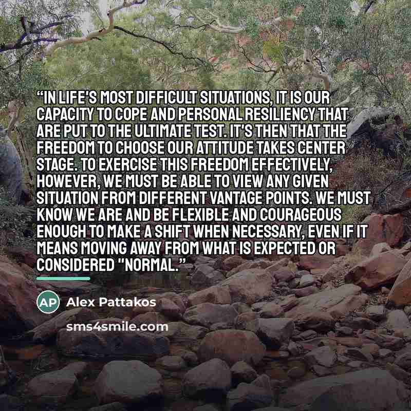 “In life's most difficult situations, it is our capacity to cope and personal resiliency that are put to the ultimate test. It's then that the freedom to choose our attitude takes center stage. To exercise this freedom effectively, however, we must be able to view any given situation from different…” quote by Alex Pattakos