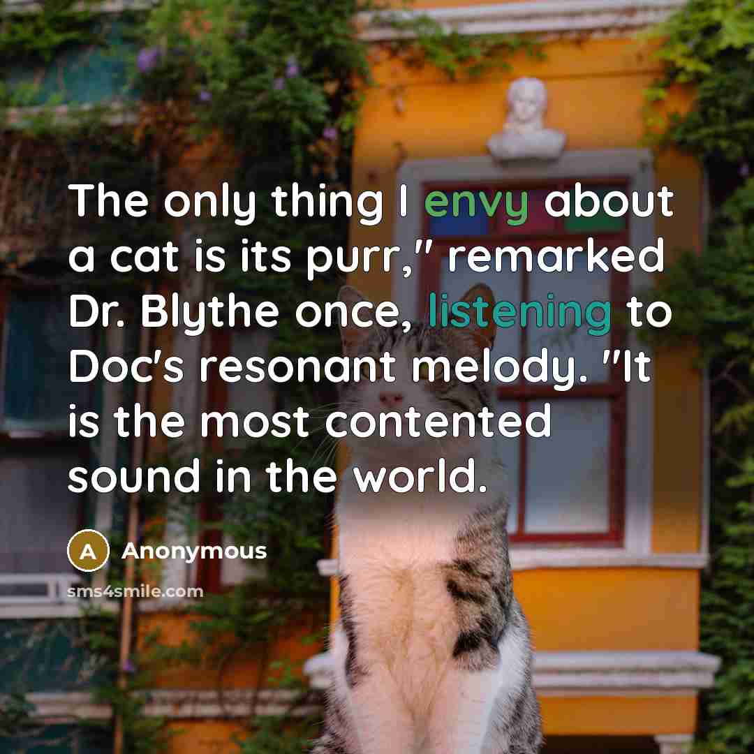 “The only thing I envy about a cat is its purr," remarked Dr. Blythe once, listening to Doc's resonant melody. "It is the most contented sound in the world.” quote by Anonymous