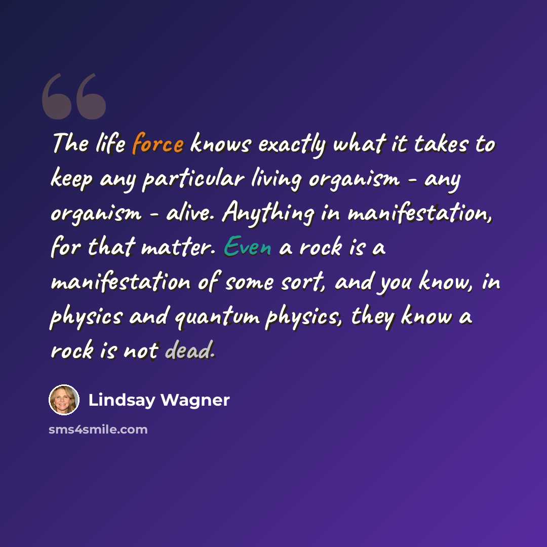 “The life force knows exactly what it takes to keep any particular living organism - any organism - alive. Anything in manifestation, for that matter. Even a rock is a manifestation of some sort, and you know, in physics and quantum physics, they know a rock is not dead.” quote by Lindsay Wagner