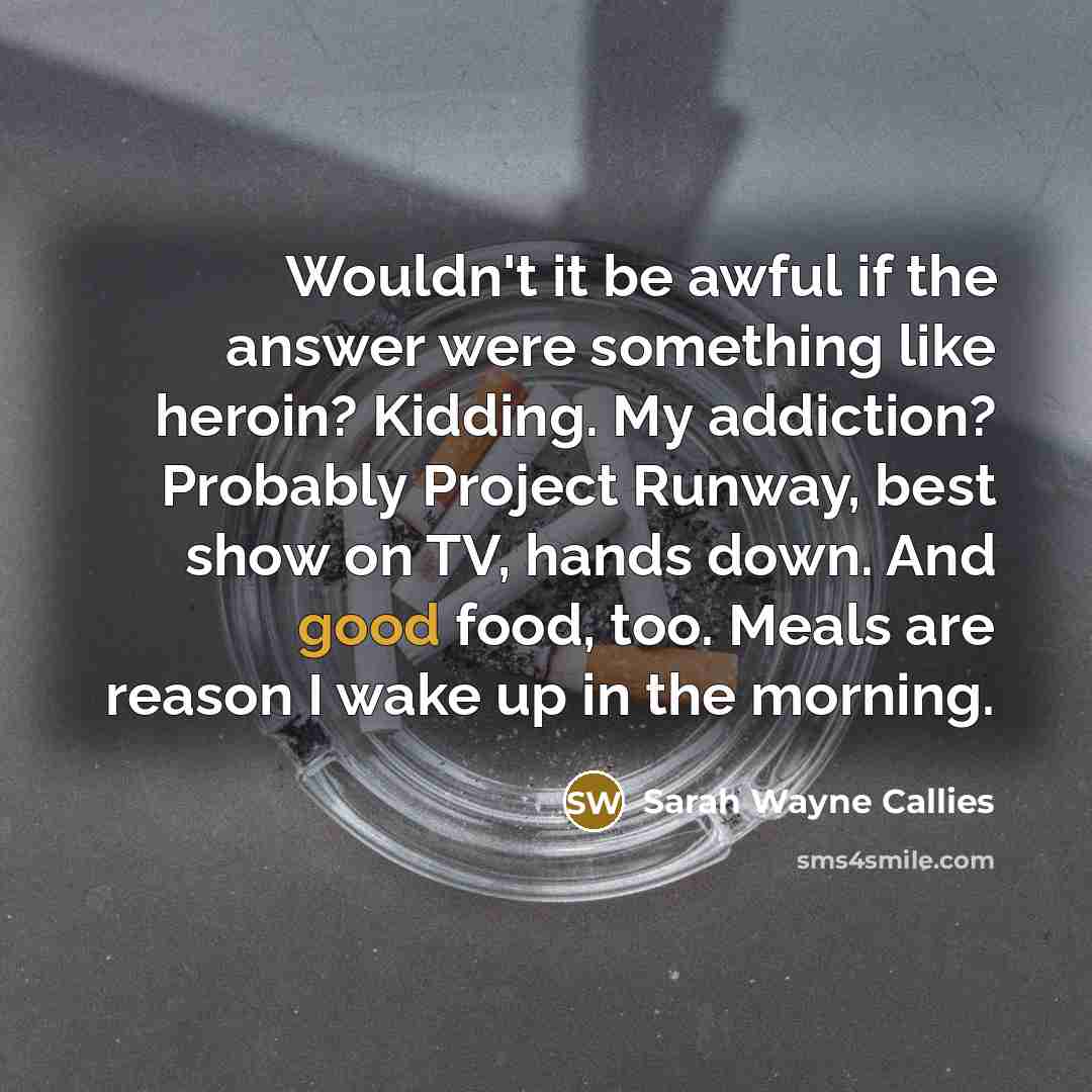 “Wouldn't it be awful if the answer were something like heroin? Kidding. My addiction? Probably Project Runway, best show on TV, hands down. And good food, too. Meals are reason I wake up in the morning.” quote by Sarah Wayne Callies