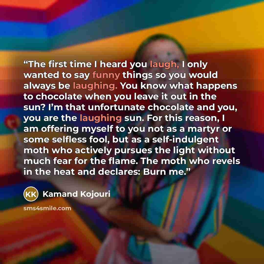 “The first time I heard you laugh, I only wanted to say funny things so you would always be laughing. You know what happens to chocolate when you leave it out in the sun? I’m that unfortunate chocolate and you, you are the laughing sun. For this reason, I am offering myself to you not as a martyr…” quote by Kamand Kojouri