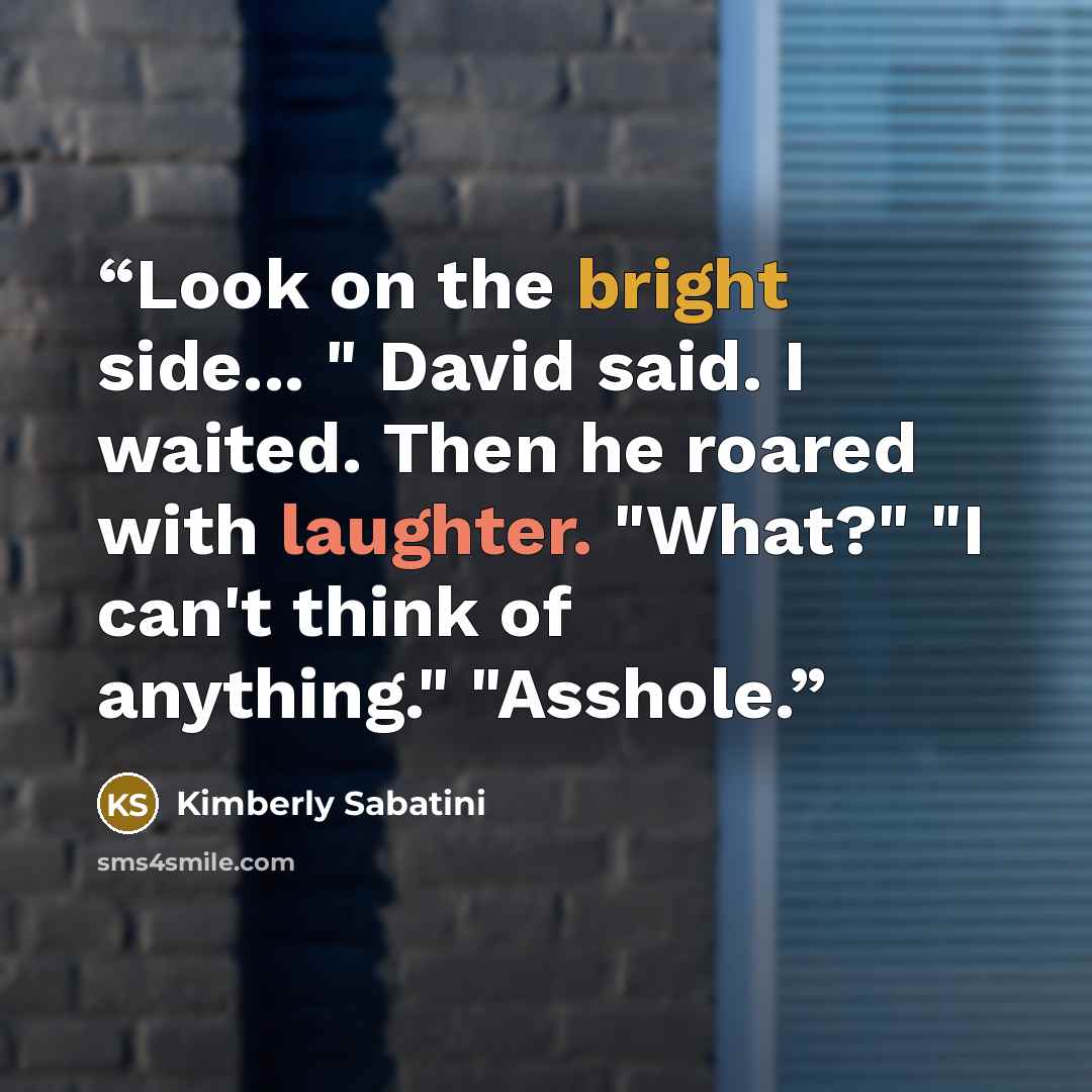 “Look on the bright side... " David said. I waited. Then he roared with laughter. "What?" "I can't think of anything." "Asshole.” quote by Kimberly Sabatini