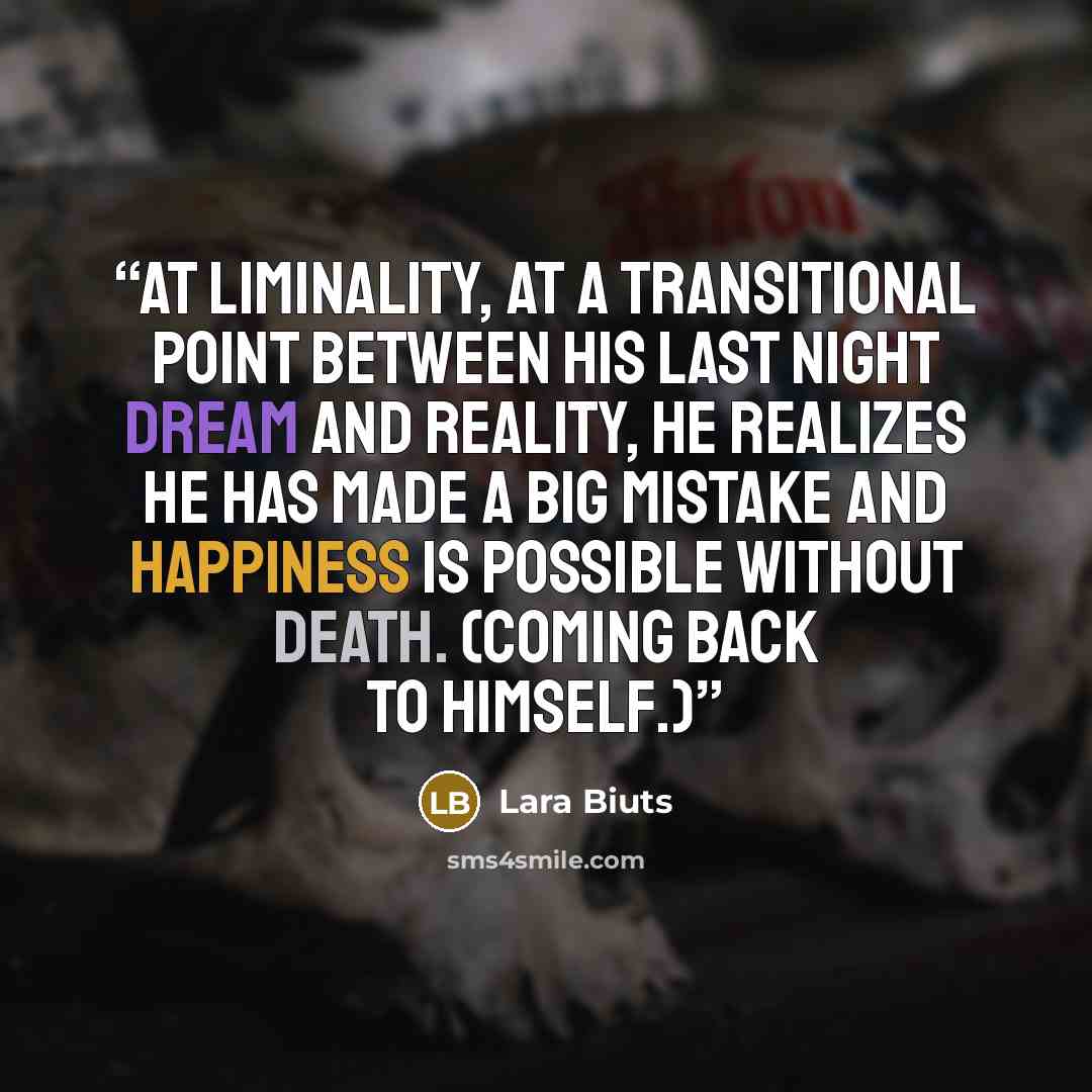 “At liminality, at a transitional point between his last night dream and reality, he realizes he has made a big mistake and happiness is possible without death. (Coming back to himself.)” quote by Lara Biuts