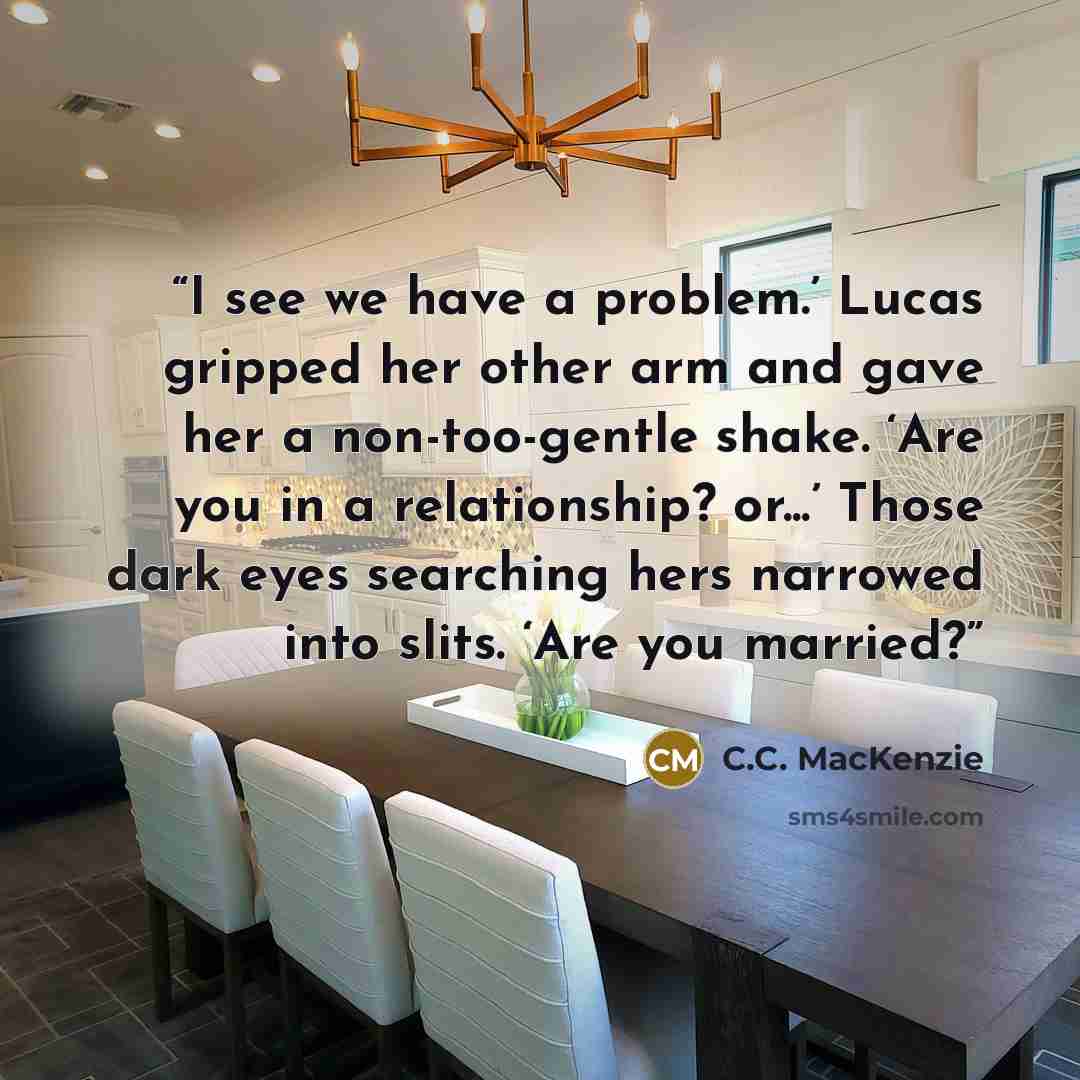 “I see we have a problem.’ Lucas gripped her other arm and gave her a non-too-gentle shake. ‘Are you in a relationship? or...’ Those dark eyes searching hers narrowed into slits. ‘Are you married?” quote by C.C. MacKenzie