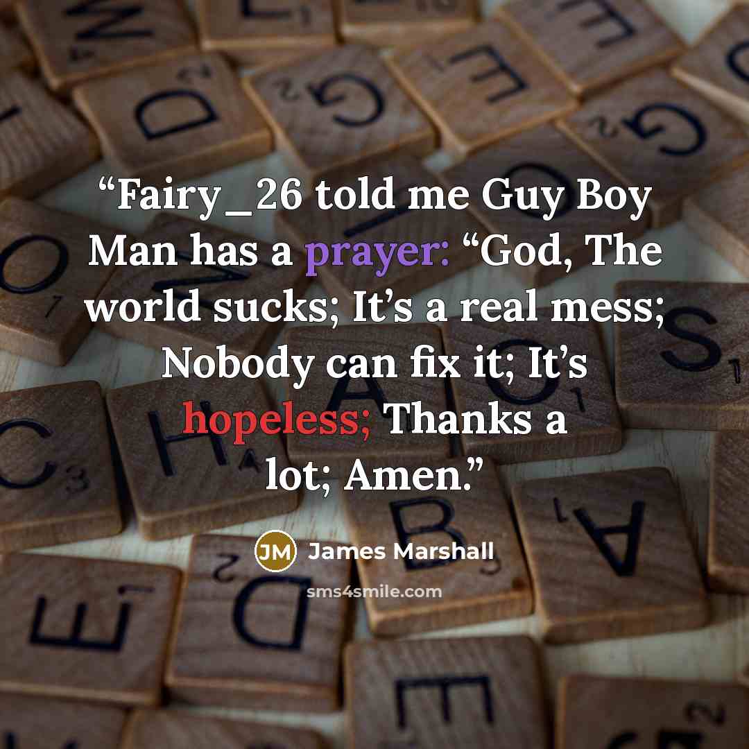 “Fairy_26 told me Guy Boy Man has a prayer: “God, The world sucks; It’s a real mess; Nobody can fix it; It’s hopeless; Thanks a lot; Amen.” quote by James Marshall