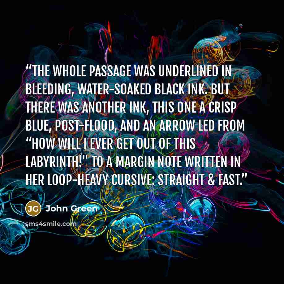 “The whole passage was underlined in bleeding, water-soaked black ink. But there was another ink, this one a crisp blue, post-flood, and an arrow led from “How will I ever get out of this labyrinth!" to a margin note written in her loop-heavy cursive: Straight & Fast.” quote by John Green