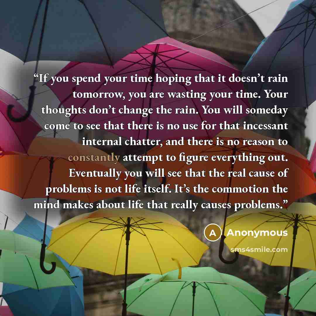 “If you spend your time hoping that it doesn’t rain tomorrow, you are wasting your time. Your thoughts don’t change the rain. You will someday come to see that there is no use for that incessant internal chatter, and there is no reason to constantly attempt to figure everything out. Eventually you…” quote by Anonymous