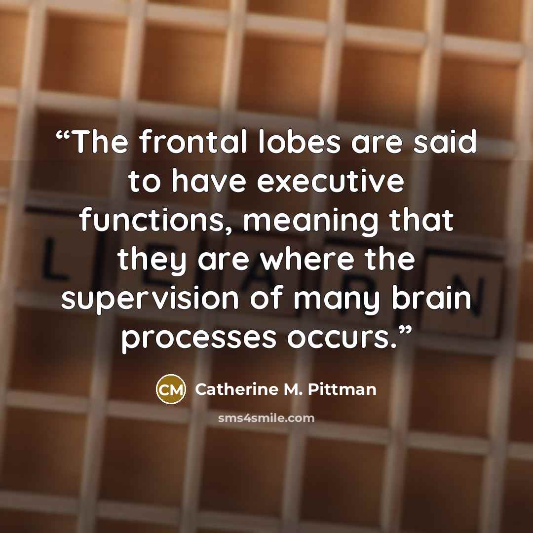 “The frontal lobes are said to have executive functions, meaning that they are where the supervision of many brain processes occurs.” quote by Catherine M. Pittman